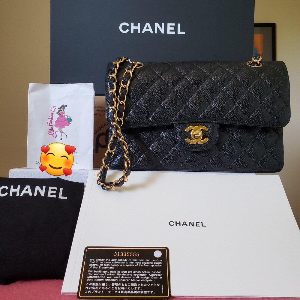 Chanel classic black caviar gold hard ware small bag year 2021